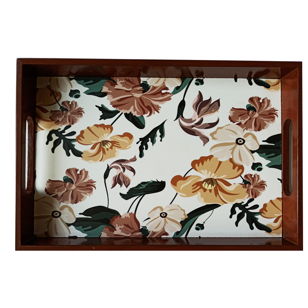 Wooden Tray For Serving Flower Leaf Print