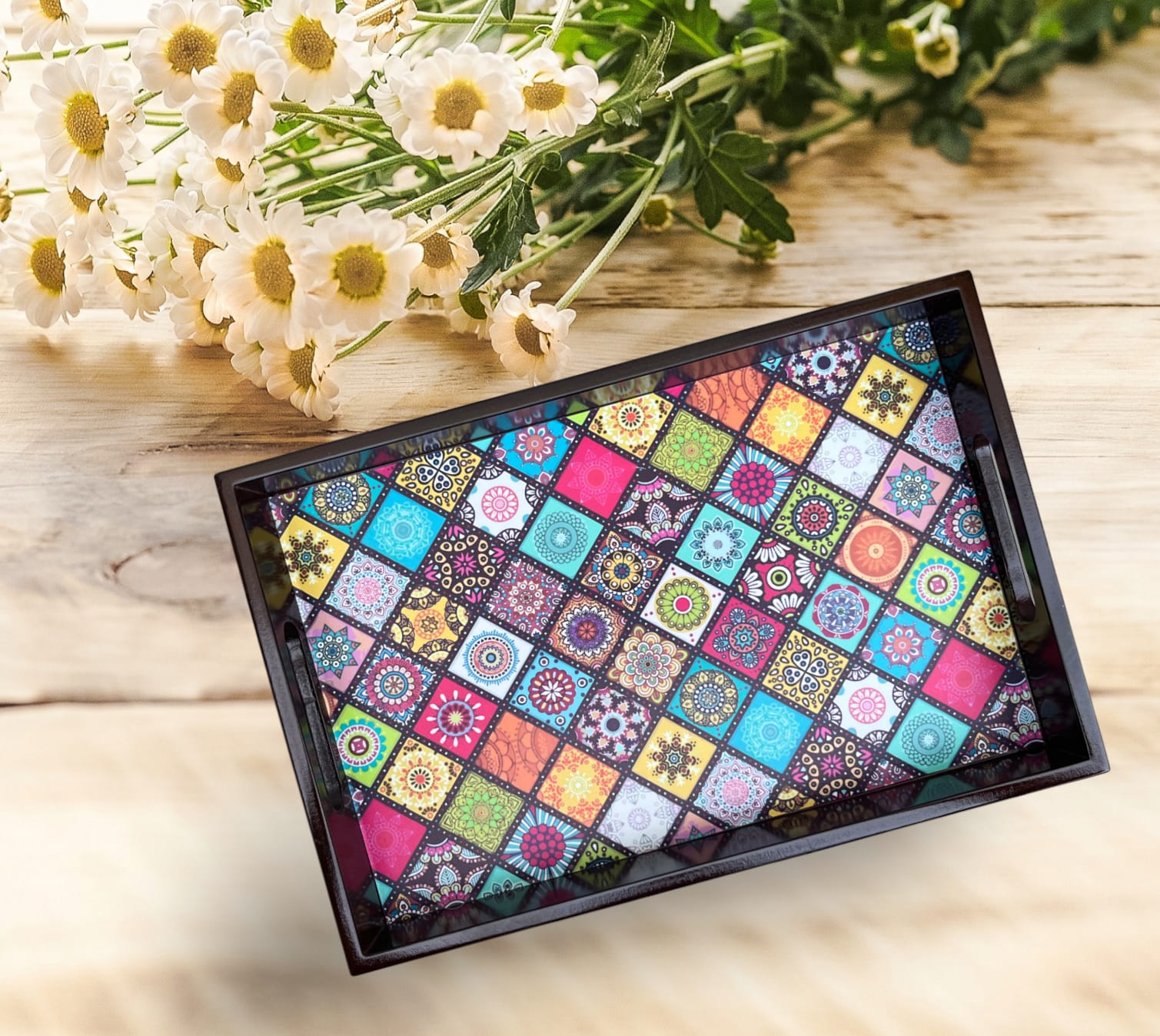 Wooden Tray For Serving Mandala Design
