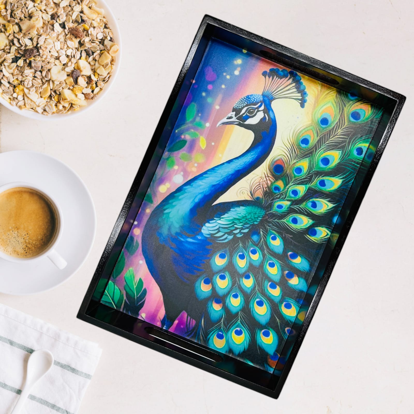 Wooden Tray Peacock Design