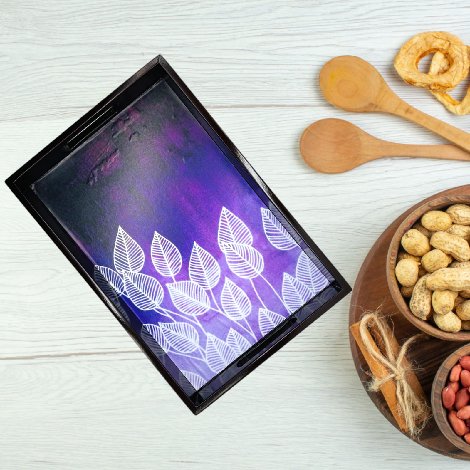 Wooden Tray White Leaf Design