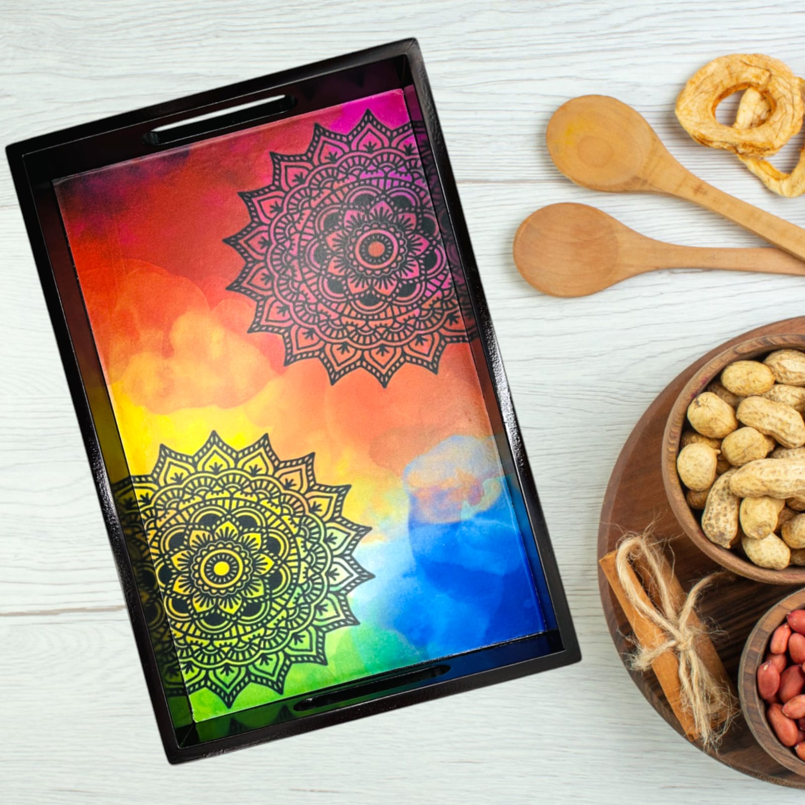 Wooden Tray Colourful Mandala Design
