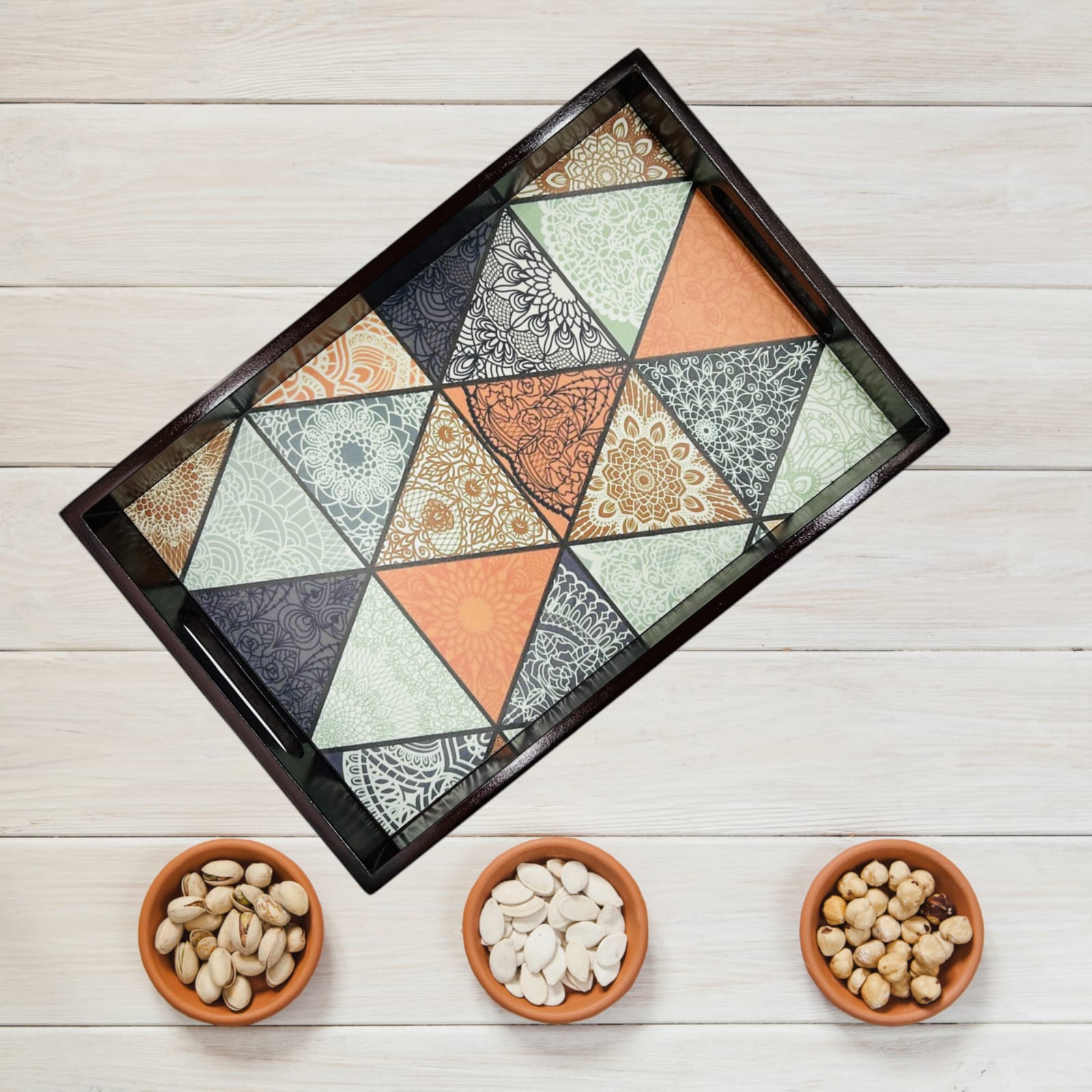 Wooden Try For Serving Colourful Tringle Design