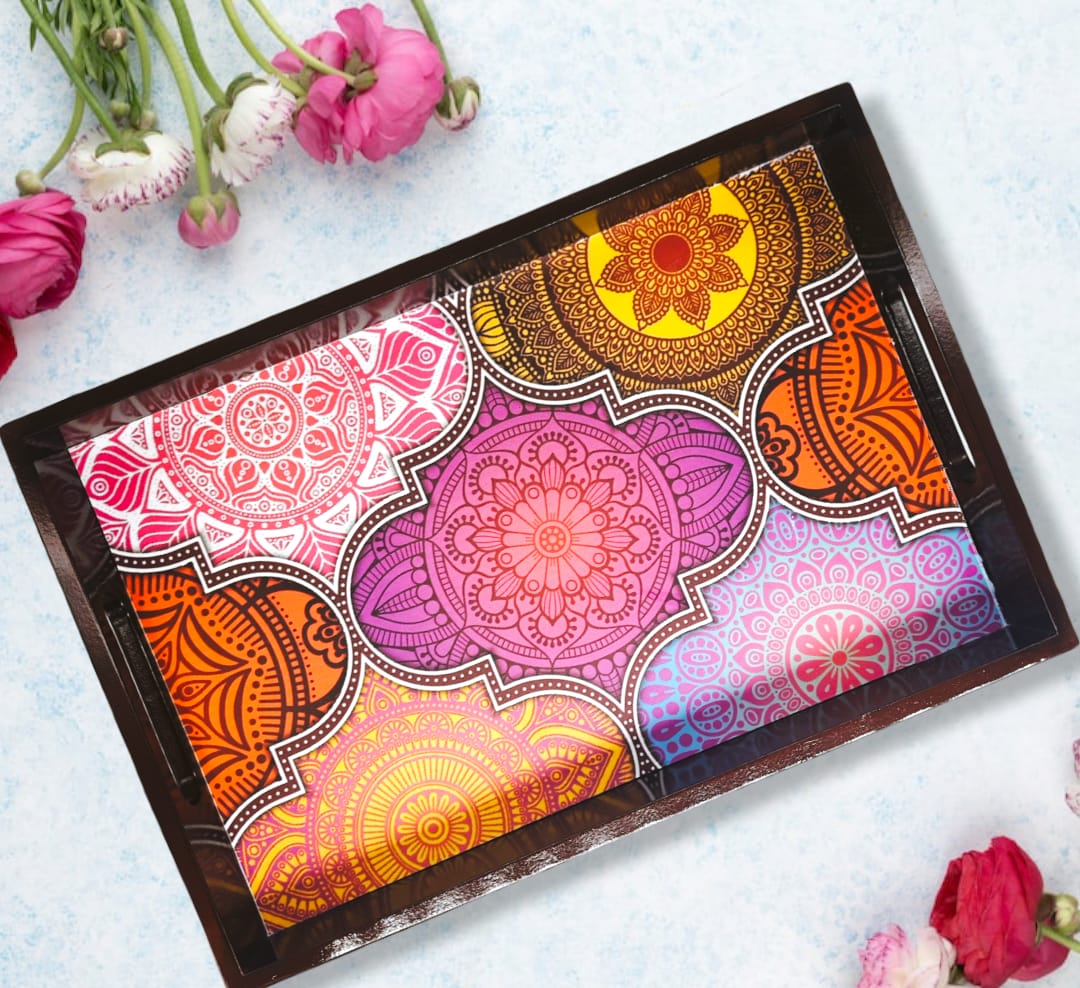 Wooden Tray For Serving Beautiful Mandala Design