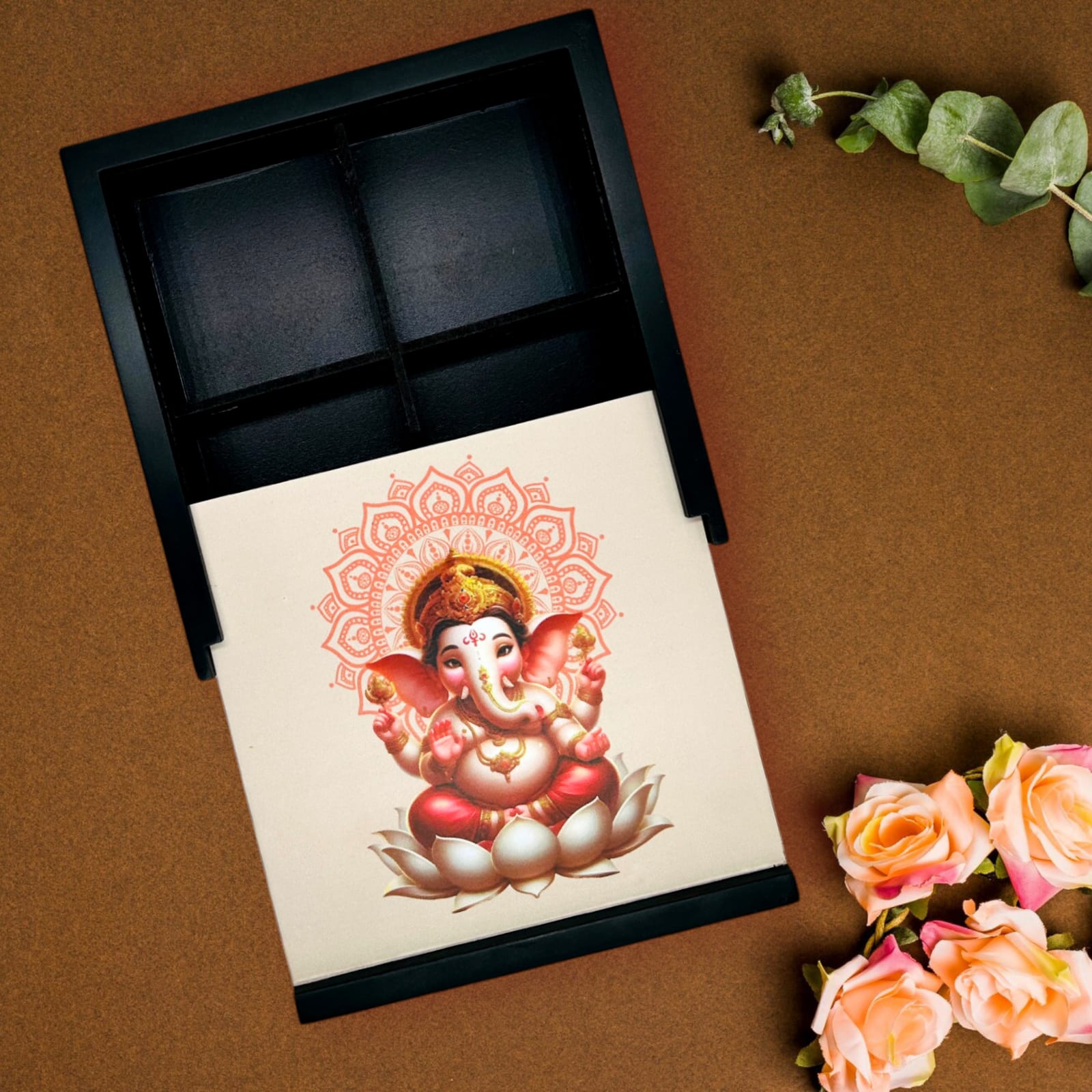 Angira handicrafts wooden Multipurpose Storage Box 4 Section Handcrafted  Square Dry Fruit Box for Diwali Gift, Food Storage, Spice Box AHS-DB001