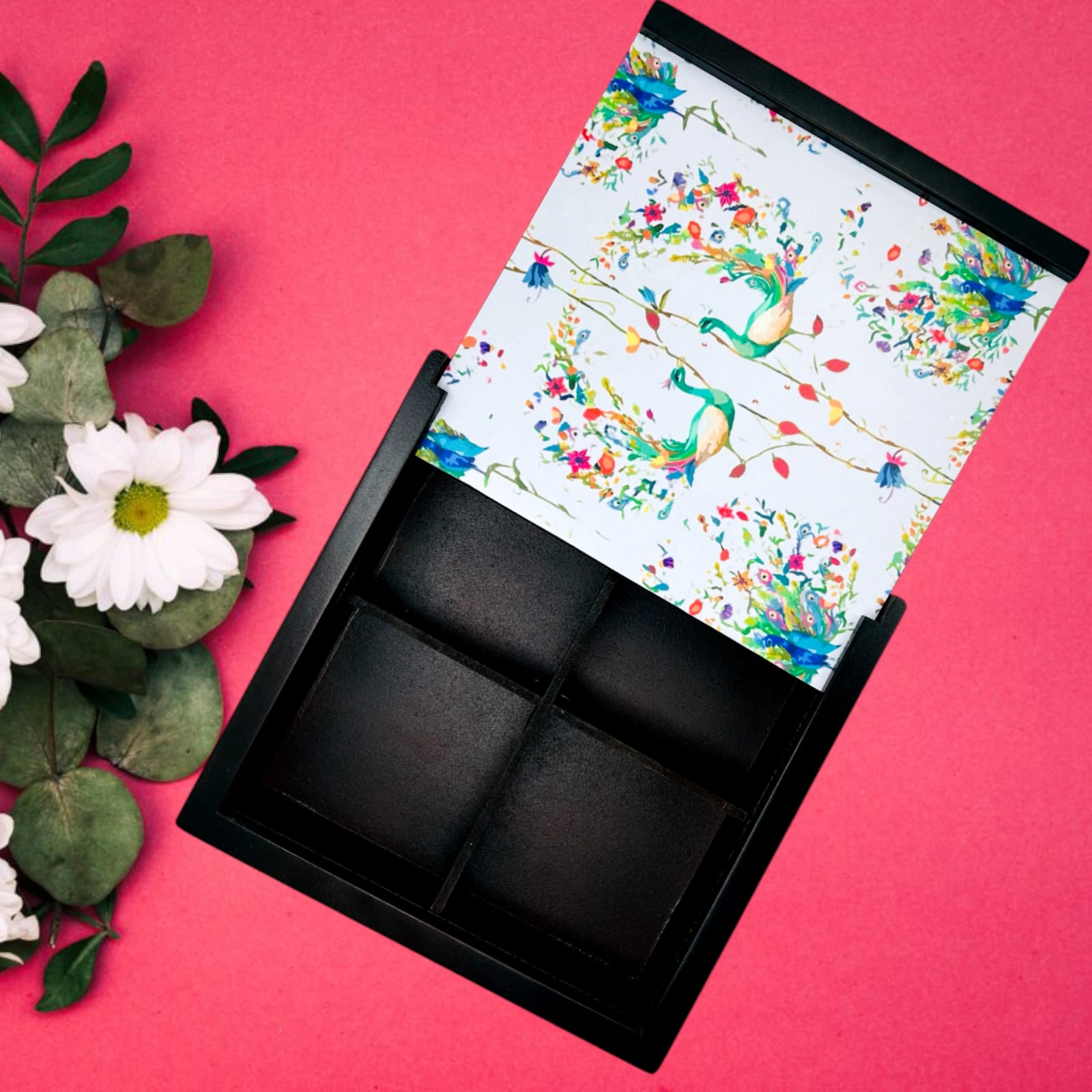 Angira handicrafts wooden Multipurpose Storage Box 4 Section Handcrafted  Square Dry Fruit Box for Diwali Gift, Food Storage, Spice Box AHS-DB003