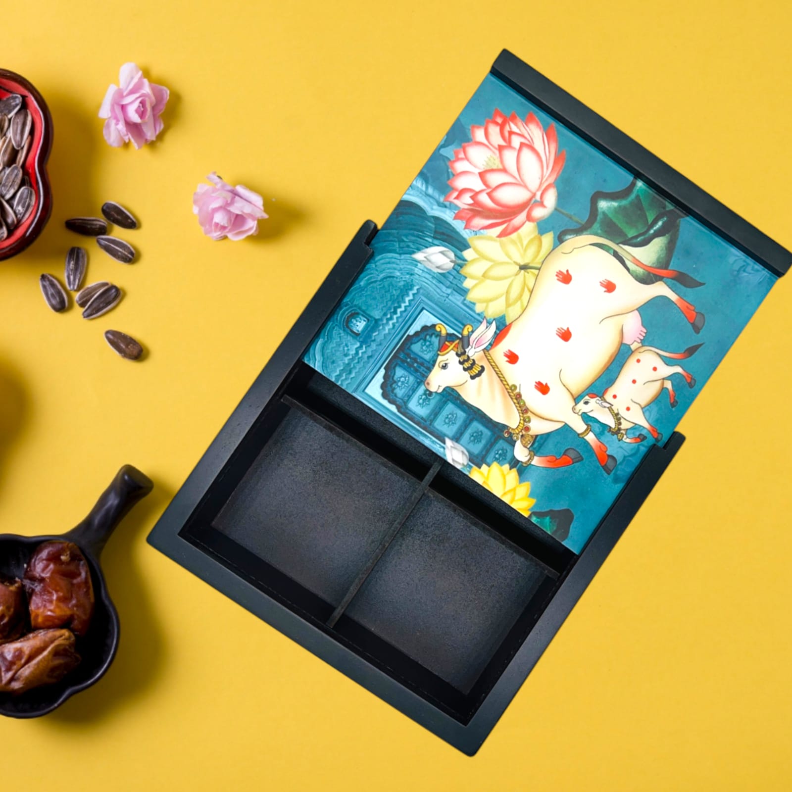 Angira handicrafts wooden Multipurpose Storage Box 4 Section Handcrafted  Square Dry Fruit Box for Diwali Gift, Food Storage, Spice Box AHS-DB004