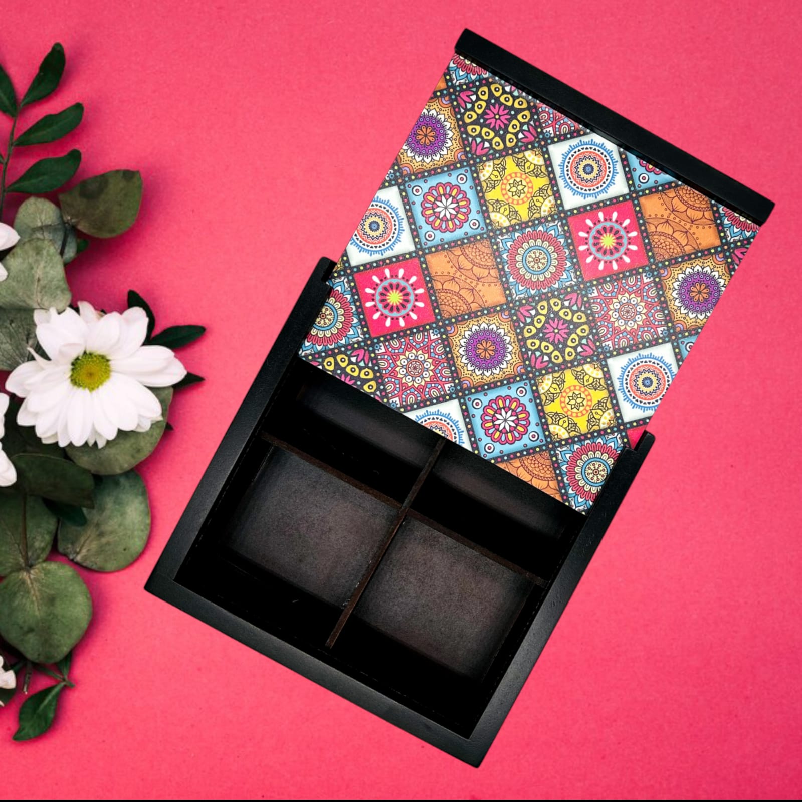 Angira handicrafts wooden Multipurpose Storage Box 4 Section Handcrafted  Square Dry Fruit Box for Diwali Gift, Food Storage, Spice Box AHS-DB005