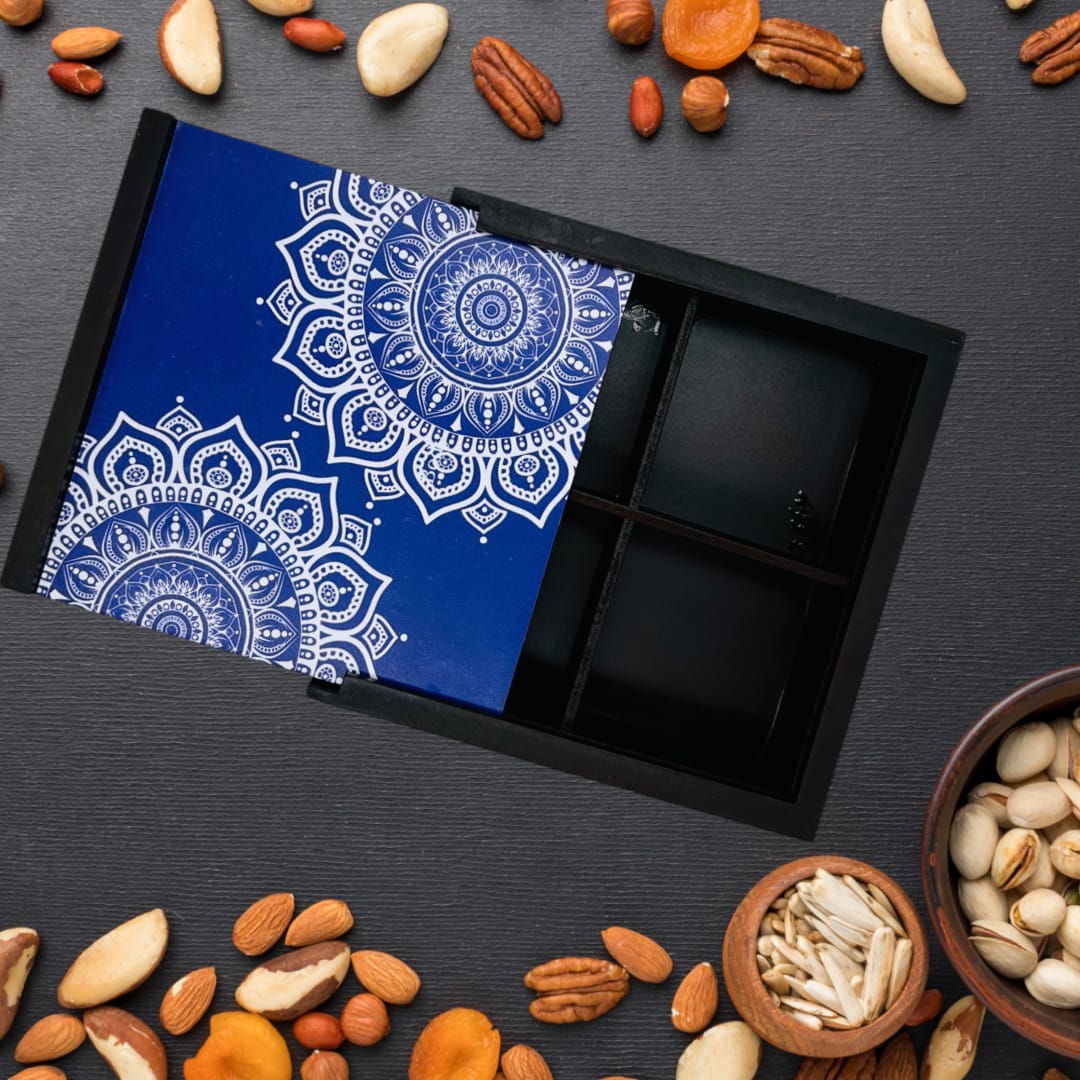 Angira handicrafts wooden Multipurpose Storage Box 4 Section Handcrafted  Square Dry Fruit Box for Diwali Gift, Food Storage, Spice Box AHS-DB009