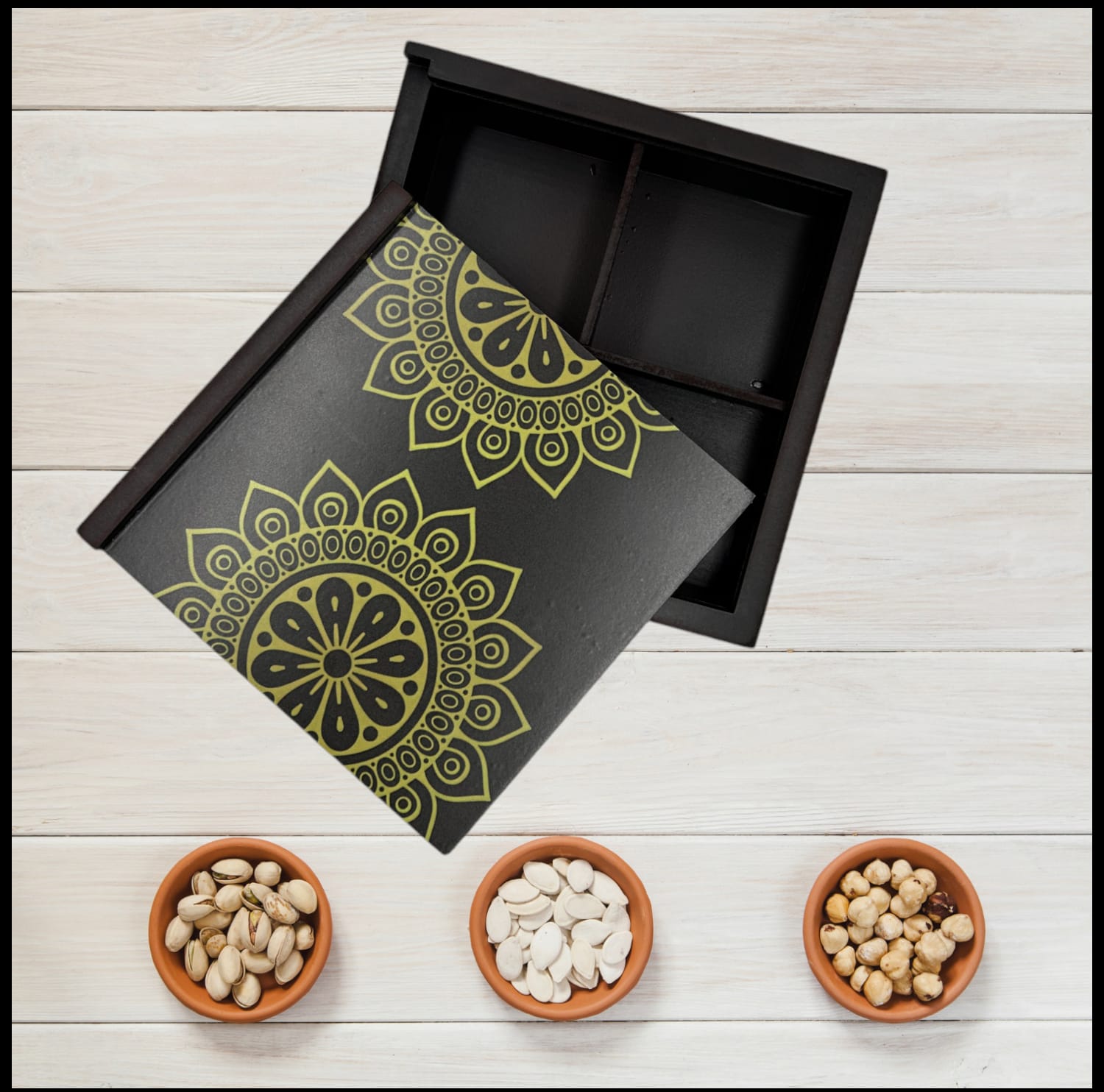 Angira handicrafts wooden Multipurpose Storage Box 4 Section Handcrafted  Square Dry Fruit Box for Diwali Gift, Food Storage, Spice Box AHS-DB010