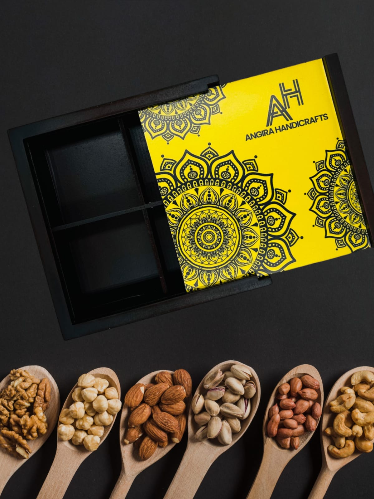 Angira handicrafts wooden Multipurpose Storage Box 4 Section Handcrafted  Square Dry Fruit Box for Diwali Gift, Food Storage, Spice Box AHS-DB011