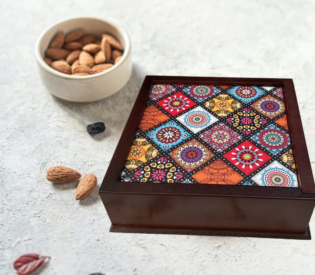Angira handicrafts wooden Multipurpose Storage Box 4 Section Handcrafted  Square Dry Fruit Box for Diwali Gift, Food Storage, Spice Box AHS-DB012