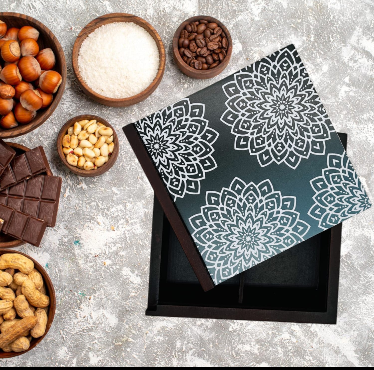 Angira handicrafts wooden Multipurpose Storage Box 4 Section Handcrafted  Square Dry Fruit Box for Diwali Gift, Food Storage, Spice Box AHS-DB015