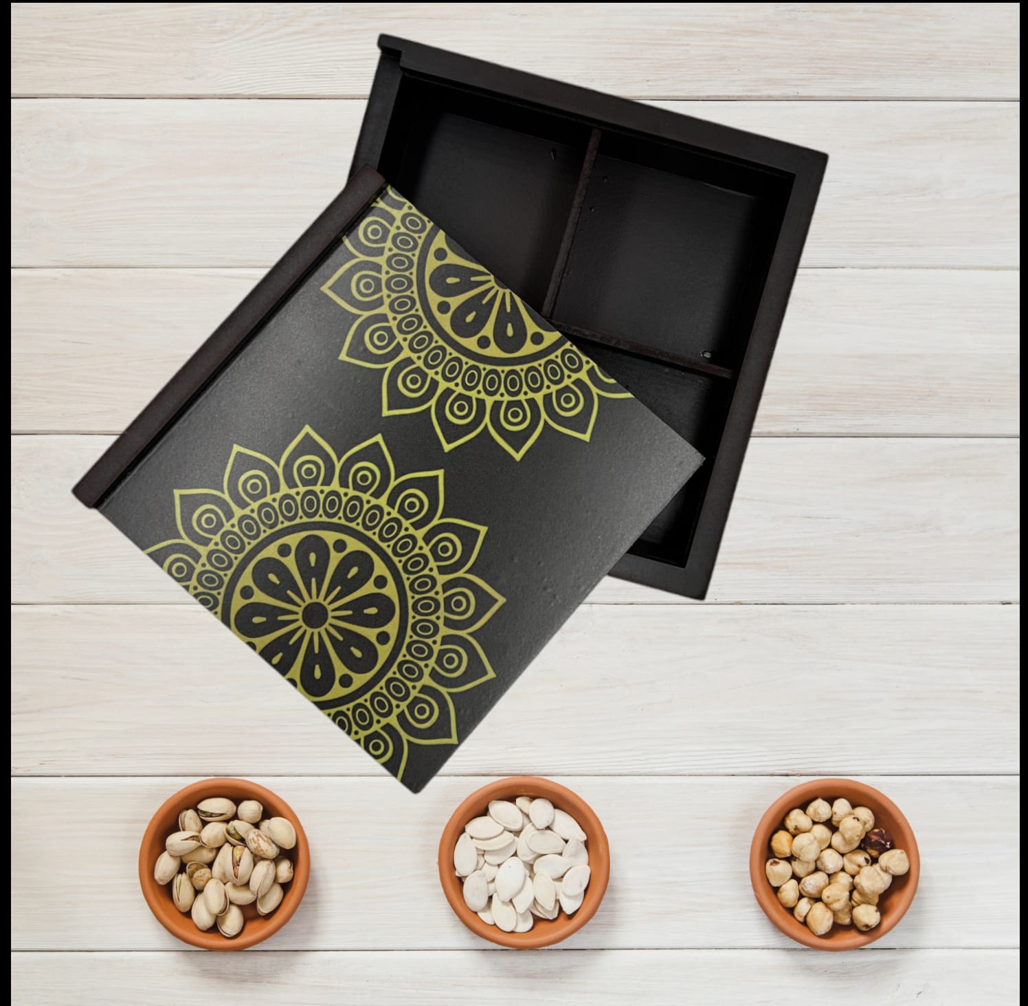 Angira handicrafts wooden Multipurpose Storage Box 4 Section Handcrafted  Square Dry Fruit Box for Diwali Gift, Food Storage, Spice Box AHS-DB017