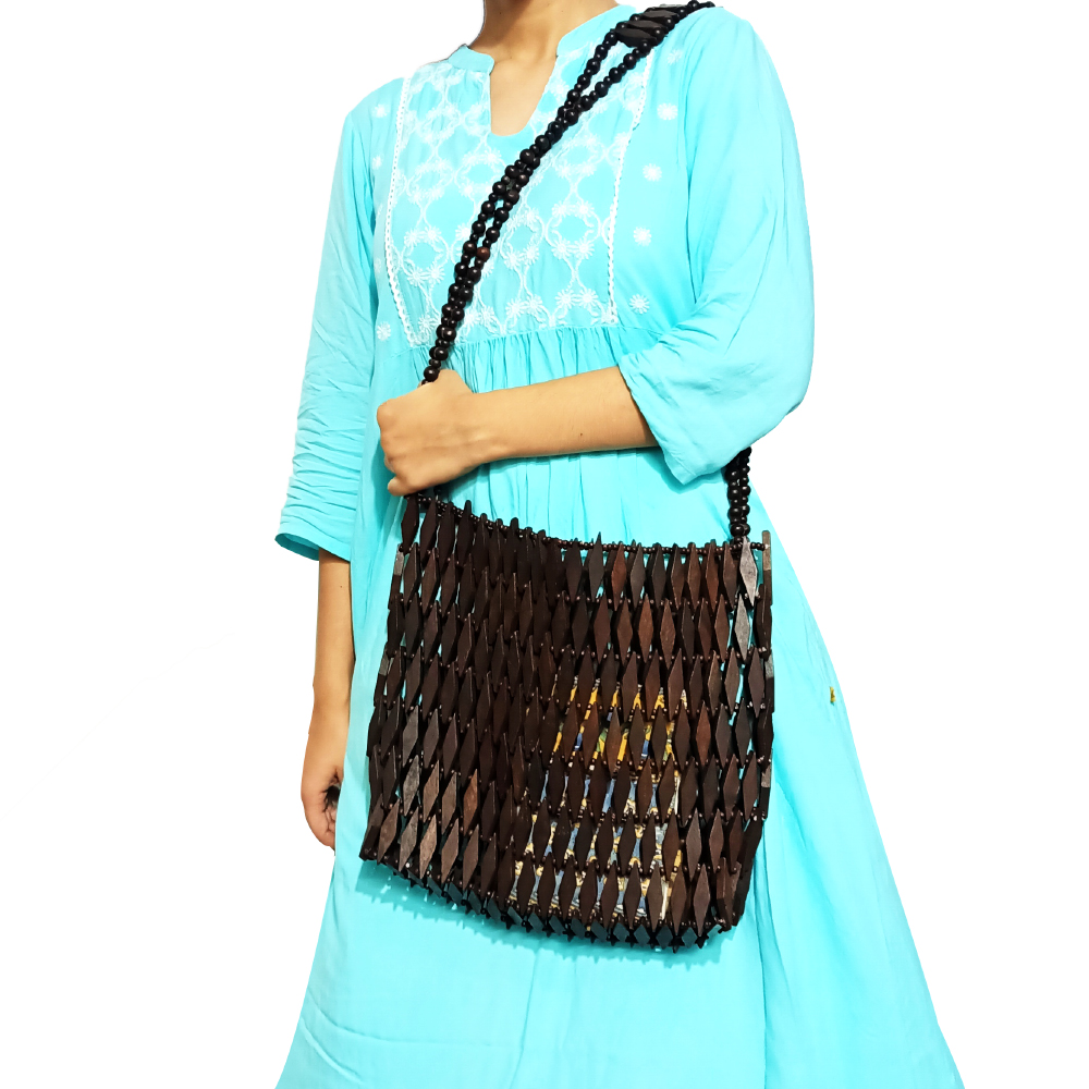 Wooden Shoulder Bag in Brown Color