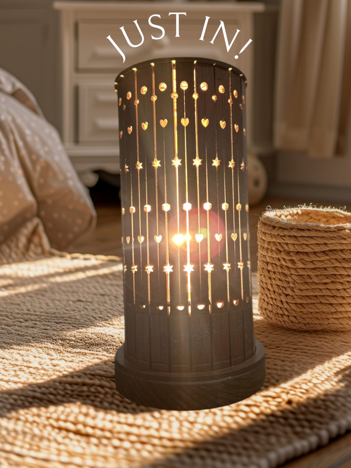 Decorative Wooden Table Lamp with Hearts and Stars Pattern